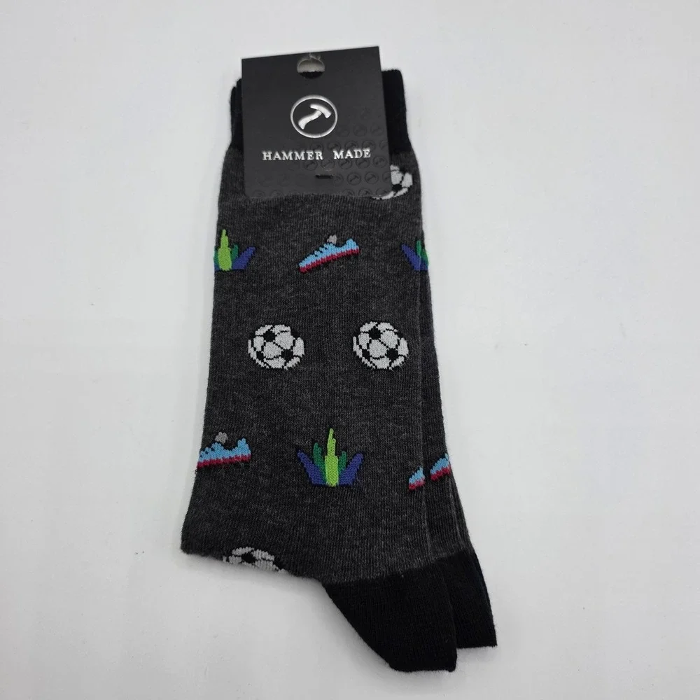 HAMMER MADE Novelty Crew Socks Soccer Ball Shoe Print Charcoal Grey New Sports